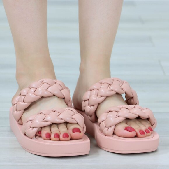 Open Toe Flip Flops Slide Sandal Faux Leather Braided Straps Slipper Slip On - Picture 7 of 13